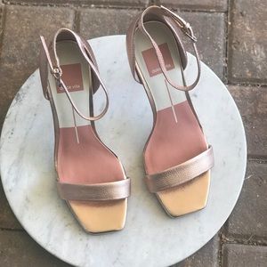 Rose Gold Leather Square Toe Ankle Strap Sandals